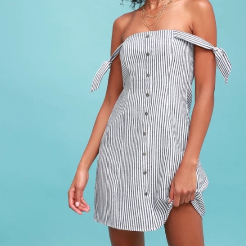 Lulus Seaside Blue and White Tie Shoulder Dress